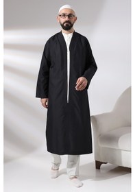 Resim Siyah Erkek Namaz Elbisesi V Yaka Düğmesiz Önü Açık Namaz Cübbesi 001 