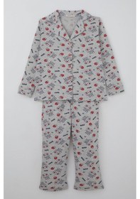 Resim Breeze Kız Çocuk Pijama Takımı Kraliçe Kedicik & Çilek Desenli 7-11 Yaş, Açık Gri Melanj 