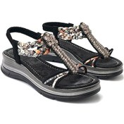 Resim Kindep Boncuk Detaylı Lastikli Dolgu Taban Kadın Sandalet Siyah Siyah 