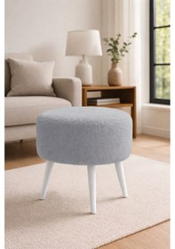 Resim Waterybrook Yuvarlak Puf Welsoft Kumaş Beyaz Ahşap Ayaklı - Makyaj - Yatak Ucu - Dekoratif Oturma Pufu Açık Gri 