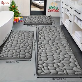 Resim 3 Adet Banyo Hafıza Köpüklü Çakıl Tuvalet Paspası, Hızlı Kuruyan, Yıkanabilir ve Makinede Yıkanabilir, Kalınlaştırılmış Yumuşak ve Rahat Halı, Banyo, Yatak Odası ve Oda Dekorasyonu İçin Uygun 