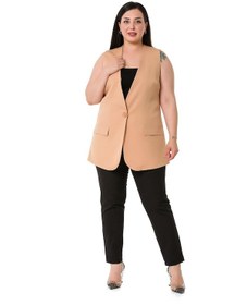 Resim Büyük Beden Tek Düğmeli Süs Cep Kapaklı Camel Astarlı Yelek-camel Camel 