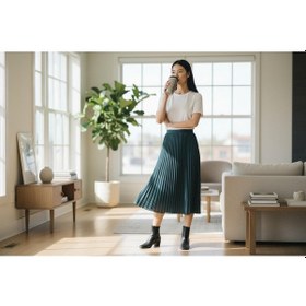 Resim Eren Style Pileli Pamuklu Dokuma Viskon Kışlık Etek 95 Cm - 38-48 Zümrüt Yeşili 