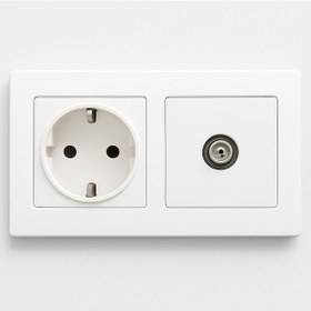 Resim Karen İkili Beyaz Çerçeve Priz Seti Topraklı Elektrik Prizi Tv Anten Prizi F Tipi Ofis Ve Ev Kullanımı 