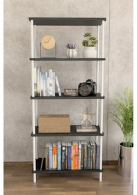 Resim 5 Raflı Modern Metal Gövdeli Kitaplık Çevir-tak Kolay Kurulum Çalışma Odası, Salon, Ofis Kullanımı Antrasit 