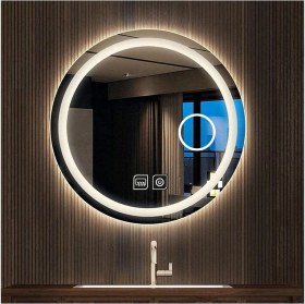 Resim 75 cm Makyaj Aynalı Dokunmatik Tuşlu Buğu Yapmayan Ledli Yuvarlak Banyo Aynası 