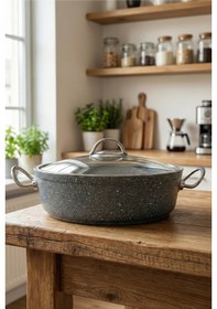 Resim Bonetti Granit Pilav Tenceresi & Karnıyarık Tenceresi Cam Kapaklı, Metal Kulp 26 Cm Gri 
