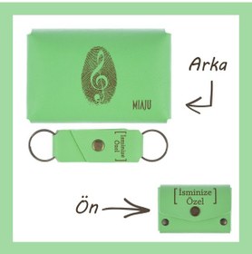 Resim Miaju Fıstık Yeşil, Müzik Desenli İsminize Özel Cüzdan Ve Anahtarlık Set, Sevdiğine Unutulmaz Aksesuar Set Fıstık Yeşil 