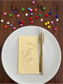 Resim Gold Yaldızlı Sarı Sevimli Ayı Baskılı Garson Katlama Peçete 16 Adet 