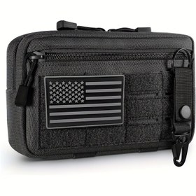Resim 1 adet CRILANO Taktik Molle Admin Pouch - EDC Utility Laser Cut Tool Bag ABD Bayrağı Yaması ve Anahtarlık ile, Siyah Polyester, Spor Tasarım, Dış Mekan Aktiviteleri için Kullanışlı Pouch|Sporty EDC Bag|Dayanıklı Fermuar Kapanışı, Kullanışlı Ba 