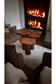 Resim Simillo Home&Living Wood Wooden Ahşap 3’lü Set Fitilli Mantar Yan Sehpa Modern Meşe Renk Fiskos 