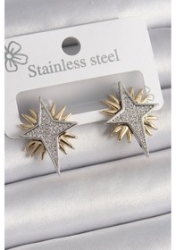 Resim Pirinç Gold Gümüş Renk Zirkon Taşlı Kutup Yılıdız Model Kadın Küpe Altın 