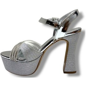 Resim Defne 798-26 Simli Saten Çapraz Taşlı 30mm Platform Topuk Kadın Sandalet 12cm Gümüş 