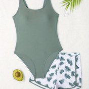 Resim Kadınlar için iki parçalı takım, düz renk kısa pantolon, yüksek esneklikli polyester örgü, yuvarlak yaka, kolsuz, spor tarz, kontrast bağlama, rastgele desen, çıkarılabilir yastık, gençler için 