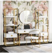 Resim Rihanna Gold Metal Beyaz Çalışma Masası Ve 2 Adet Kitaplık 