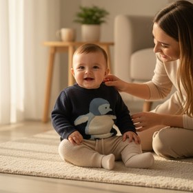 Resim Organik Pamuk Lacivert Penguen Desenli Triko Bebek Kazak - 12-18 Ay 