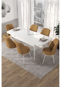Resim Canisa Kor Serisi 70x114 Açılabilir Mutfak Masası Takımı Beyaz Masa 6 Cappucino Sandalye Masa Beyaz Sandalyeler Cappuccıno 