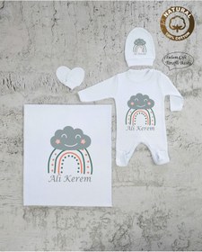 Resim yzc home size dair... Bt E53 Isimli Erkek Bebek Battaniye Tulum Şapka Eldiven Set Hastane Çıkışı %100 Pamuk 