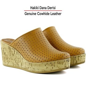 Resim Erkan Saçmacı Aria Taba Hakiki Dana Derisi Önü Kapalı Mantar Taban Görünümlü Dolgu Topuklu Terlik Taba 
