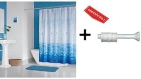 Resim Banyo Duş Perdesi 5020 Mavi 120x200 Perde Borusu Askı Aparatı 90x130 Hediyeli 