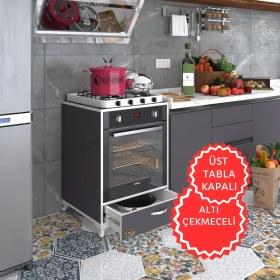 Resim Kenzlife ankastre modülü kabini azot gri fırın ocak dolabı çekmeceli ayaklı sabit tabla 