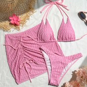 Resim 1 adet Kadın Geometrik Desenli Bikini Seti, Elastanlı Yüksek Streç Polyester, Omuzdan Bağlamalı Fırfır Detaylı, Geleneksel Altlarla Rahat Örme Kumaş Mayo 