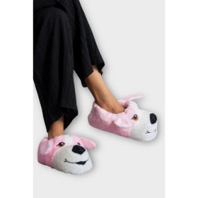 Resim Unisex Sevimli Köpek Figürlü Kaymaz ve Ses Yapmaz Taban Ev Panduf Pudra 