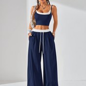 Resim Kadınlar için Rahat İki Parça Takım - Crop Top & Geniş Bacaklı Pantolon, Bağcıklı Bel, Düz Mavi, Bahar/Yaz Kıyafetleri ve Geri Dönüş Kıyafetleri için Mükemmel, Rahat | Rahat Fit Pantolon | Dokulu 