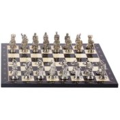 Resim GiftHome Orta Boy Metal Osmanlı Bizans Satranç Takımı Parlak ve Sedef Desenli MDF Ahşap Satranç Tahtası (37x37 cm.) Teşhir 