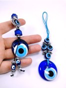 Resim Ennea Art Nazar Boncuğu Araba Dikiz Ayna Süsü + Anahtarlık Ikili Set El Yapımı Cam Hediyelik Eşya Seti 