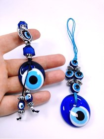 Resim Ennea Art Nazar Boncuğu Araba Dikiz Ayna Süsü + Anahtarlık Ikili Set El Yapımı Cam Hediyelik Eşya Seti 