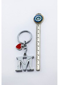Resim Kırmızı Metal Kalpli Gümüş Renkli Metal M Harfi Anahtarlık /minik 