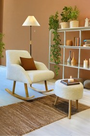 Resim YAPKAR Sallanan Ahşap Ayaklı Kırık Beyaz Rengi Modern Berjer Koltuk - Puf Hediyeli 