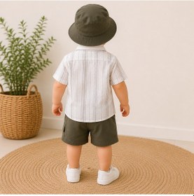 Resim Tucankids Erkek Bebek 3'lü Takım Gömlek Şort Şapka %100 Yeşil - Krem 