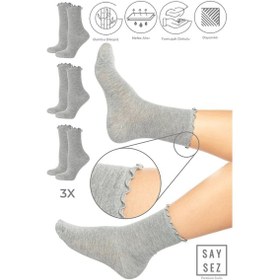Resim Saysez Bambu Kadın Lastiksiz Gri Fırfırlı Soket Dikişsiz Çorap 3'lü Paket / İz Bırakmaz / Sıkmayan Çorap Renkli 
