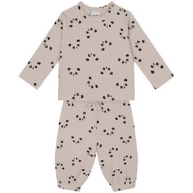 Resim Antebies Bambu, Bej Panda Desenli Beli Lastikli Bağcıklı Uzun Kollu Erkek Kız Bebek Tshirt Pantolon Set Krem 