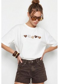 Resim Shade Kadın Bisiklet Yaka Kalp Baskılı Oversize Pamuklu T-shirt Öt100012 60286271 - Beyaz 