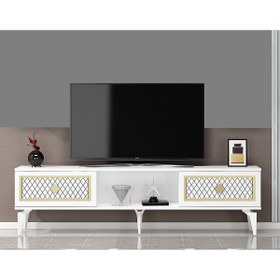 Resim DEMONTE DECOR 2 Kapaklı, Raflı Herry Tv Sehpası Alt Modül Beyaz-altın 