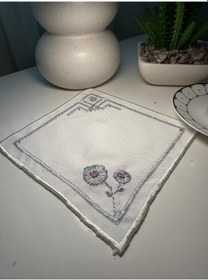 Resim Rokoko El İşlemesi Kahve Sunumluk Peçetesi Keten 6 Parça Beyaz 