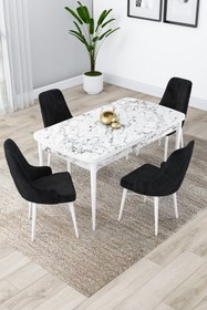 Resim Canisa Kar Serisi Beyaz Mermer Desenli Açılabilir 80x132 Mdf Mutfak Masası Takımı 4 Siyah Sandalye 