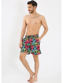 Resim Giyim Erkek Desenli Fermuar Cepli Deniz Şortu Siyah Siyah 