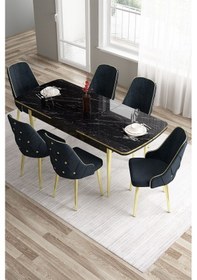 Resim Canisa Tia Serisi 80x132 Açılabilir Siyah Mermer Desen Gold Detay Masa Takımı Ve 6 Antrasit Sandalye Masa Siyah Mermer Desen Sandalye 