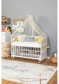 Resim Ahşap Beşik Anne Yanı Beşik Beyaz 60x120 - Sarı Pembe Örgü Uyku Seti Seti + Yatak + Tekerlekli Beyaz 