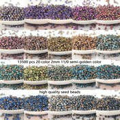 Resim Her biri 5 g ağırlığında olan paket başına 20 renkten 13500 adet, toplamda 100 g / 3.53 oz, 2 mm 11/0 yarı altın yüksek kaliteli düzgün pirinç şekilli boncuklar, el yapımı zarif mücevher aksesuarları malzemeleri bilezikler küpe bebek kıyafetleri boncuk nakış hediye için arkadaşlar ve anneler için uygundur 