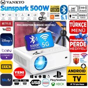 Resim Sunspark 500W Android TV 1080P Destekli Projeksiyon Cihazı 5G Wi-Fi 5.1 Bluetooth - LCD LED - 240 inç Yansıtma Vankyo