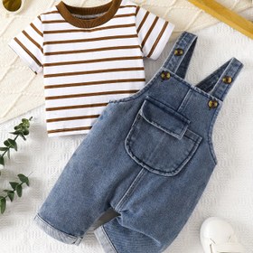 Resim Bebeğin için iki parçalı bir set, rahat ve çok yönlü desenli kısa kollu üst, yuvarlak boyun ve şık ceket, denimden üretilmiştir, ilkbahar ve yaz için mükemmel, açık hava için. 