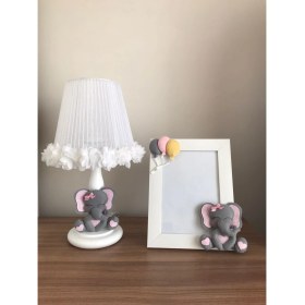 Resim Bebek Çocuk Odası Abajur ve Çerçeve Fil Gri Sarı Açık Pembe Balonlu 