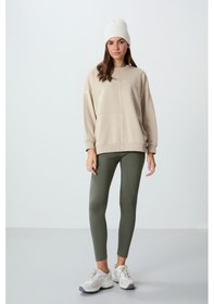 Resim Tommy Life Bej Kompakt Pamuklu Kalın Pürüzsüz Dokulu O Yaka Oversize Fit Kadın Sweatshirt - 97288 Bej 