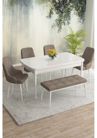 Resim Meri Serisi 80x132 Açılabilir Mdf Beyaz Masa Takımı 4 Siyah Sandalye 1 Bench Cappucino 