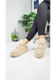 Resim Günlük Kadın Bot Bağcıklı Yüksek Kalın Tabanlı Kürklü Oval Burunlu Süet Rahat Hafif Bootie 1701 Bej 